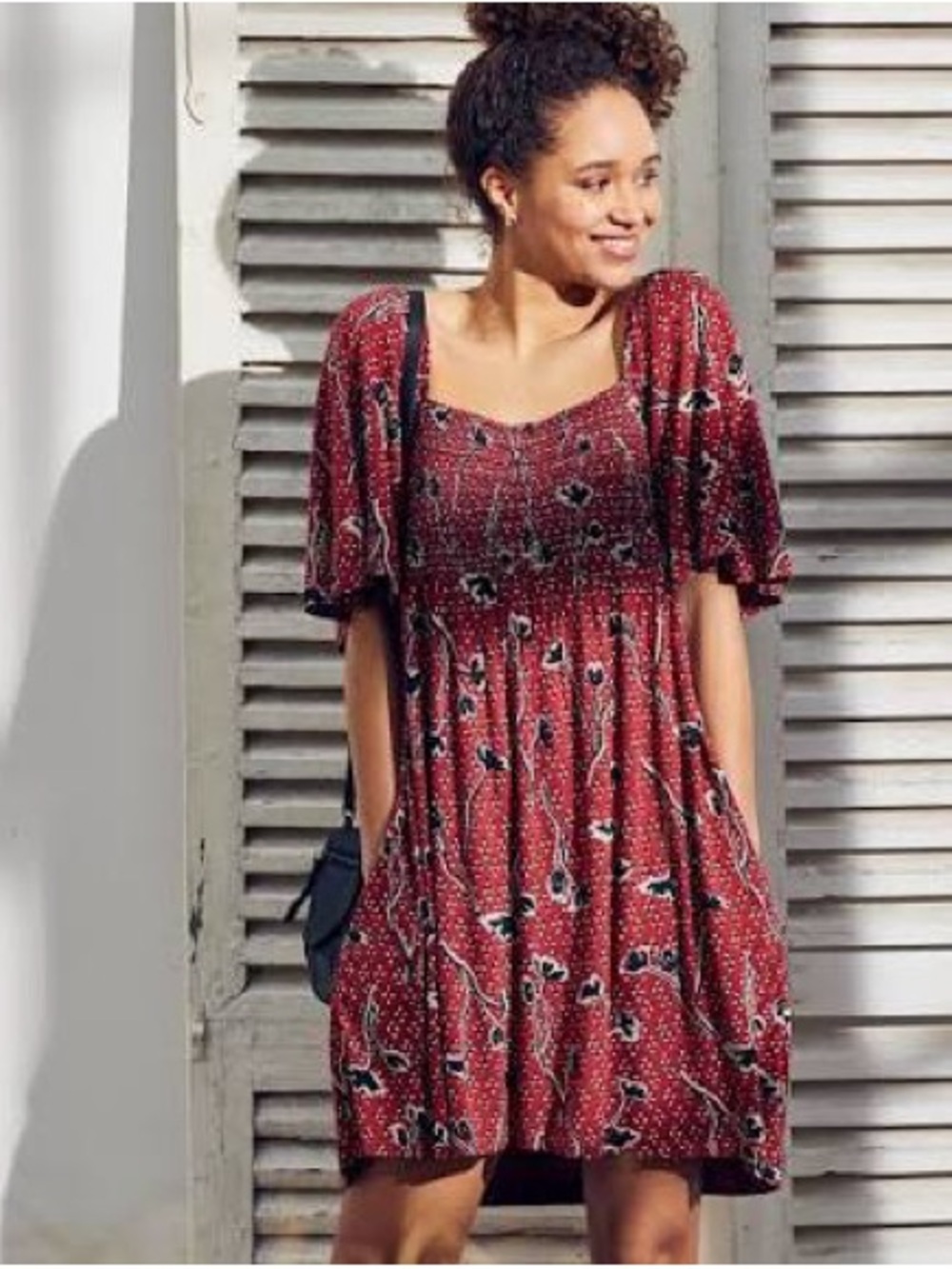 Fatface Alice Smocked Red Floral Mini Dress with Flutter Sleeves